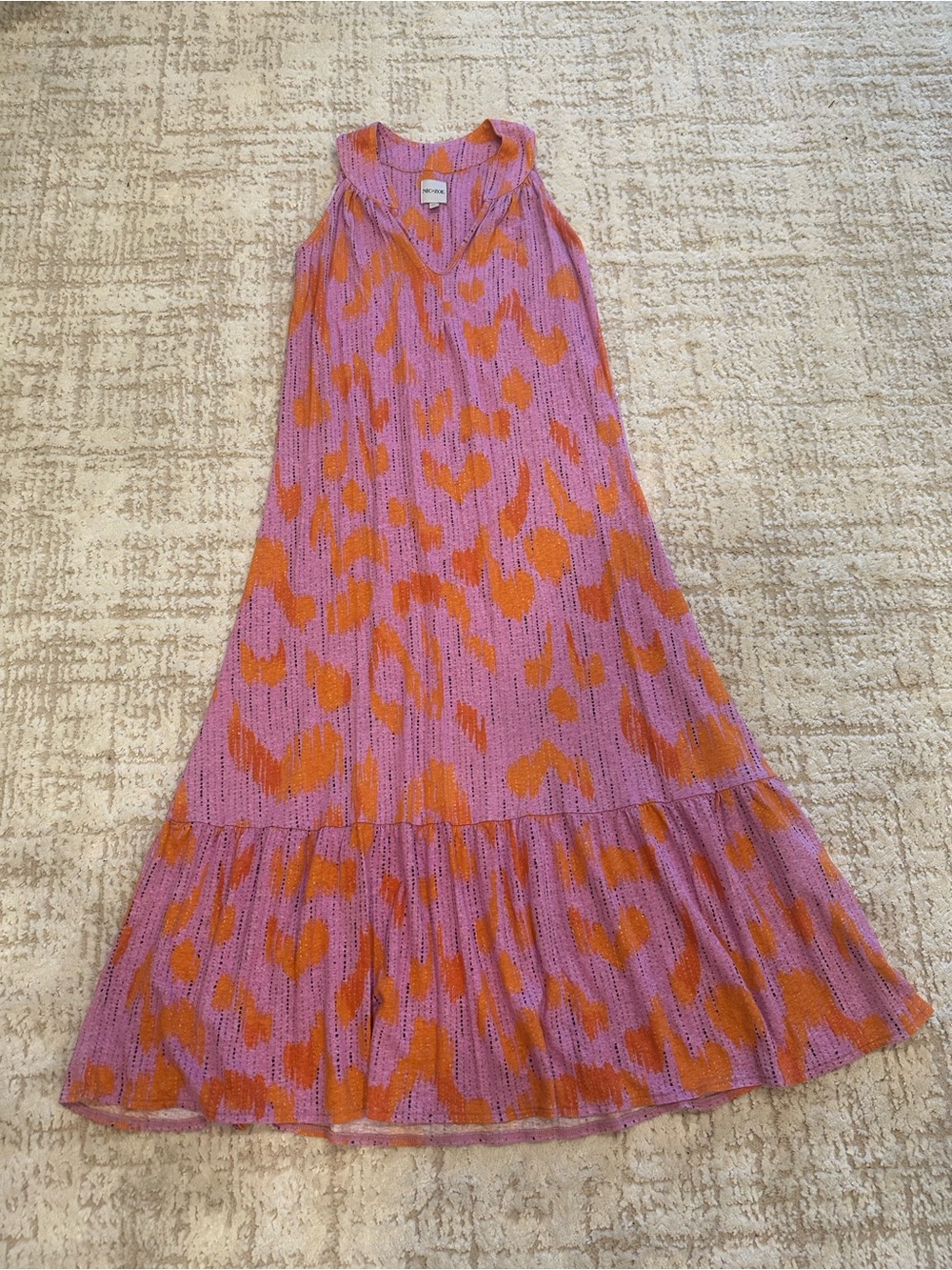 NIC+ZOE Linen Blend Sleeveless Midi Dress Pink Orange Ikat Print XS